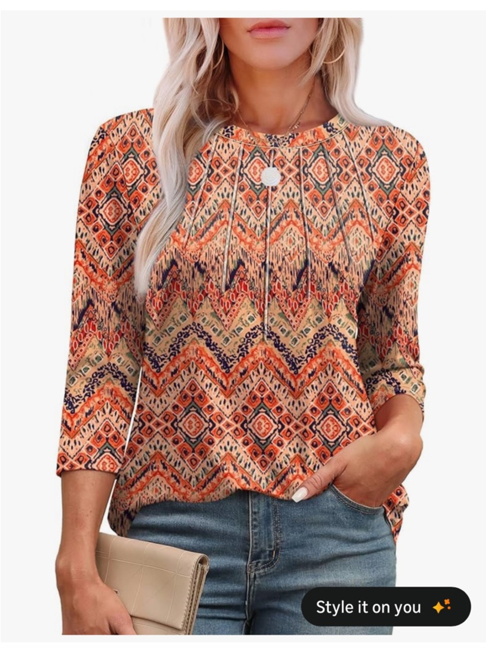 Boho Chevron Print 3/4 Sleeve Women's Tunic Top - Orange Multi